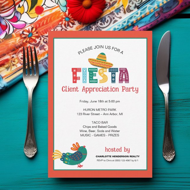 Invitation Fête Fiesta Appréciation du client (Fiesta theme client appreciation party invitation.)