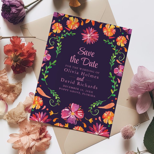 Invitation Fête Fleurie Mexicaine Violette Annonce de Date à  (Purple Mexican Floral Fiesta Save the Date Invitation on a white table with colorful flowers.)
