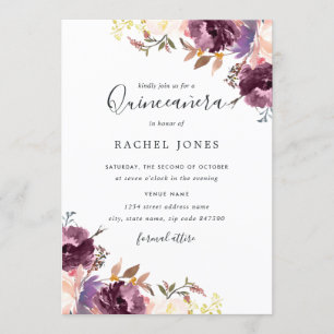 Invitation Fête Fleurie Violet Aquarelle Quinceanera