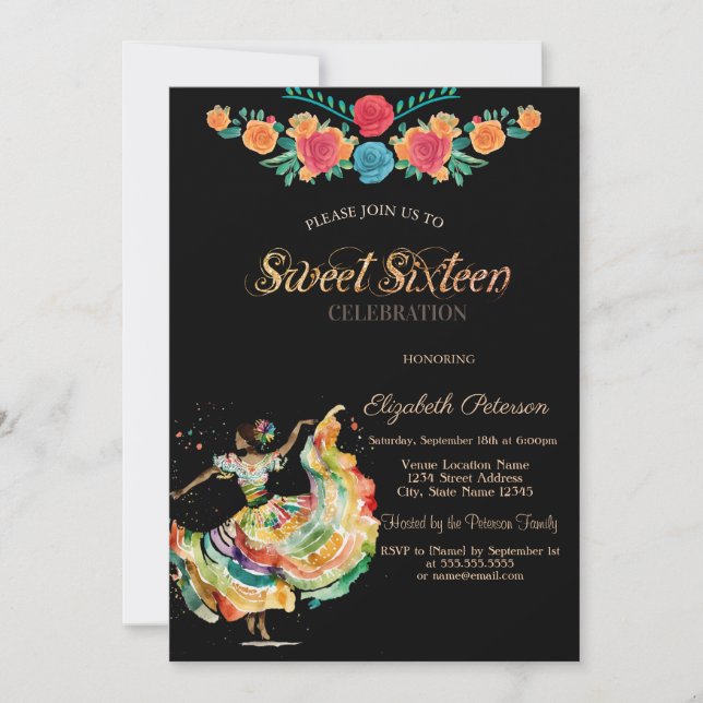 Invitation Fête Fleurs Señorita Mexicaine Sweet 16  (Devant)