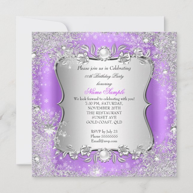 Invitation Fête Flocon de Neige Violet Argent Merveilleux Hiv (Devant)