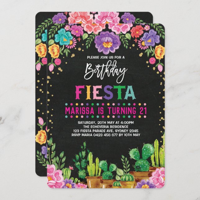 Invitation Fête Florale Anniversaire fête Fleur mexicaine Inv (Devant / Derrière)