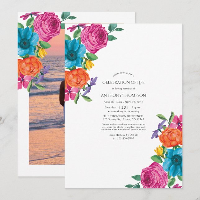 Invitation Fête florale aquarelle célébration de la vie (Devant / Derrière)