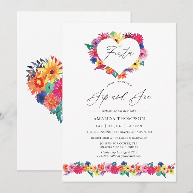 Invitation Fête florale aquarelle Sip and See (Devant / Derrière)