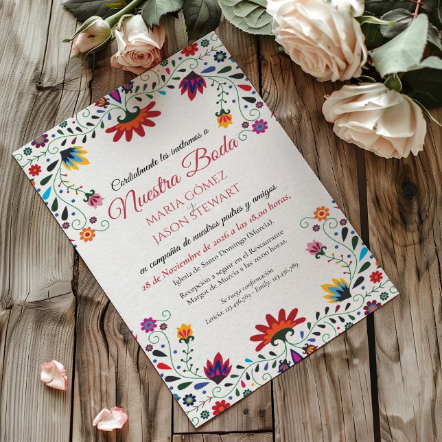 Invitation Fête Florale Botanique d'Art Populaire Mariage Esp (Folk Art Floral Botanical Fiesta Spanish Wedding Invitation)