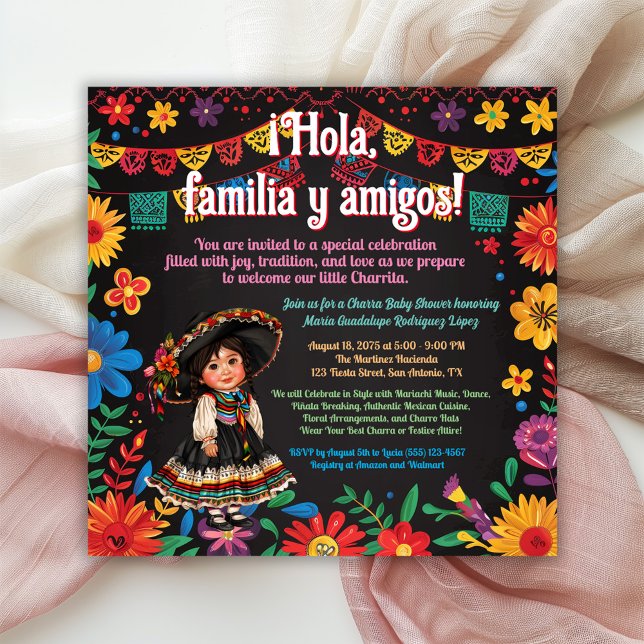 Invitation Fête Florale Charra Baby Shower (Girl fiesta baby shower invitation with bright flowers and adorable baby girl charra.)
