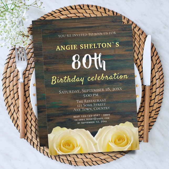 Invitation Fête florale d'anniversaire de 80 ans Rustic Yello (Créateur téléchargé)
