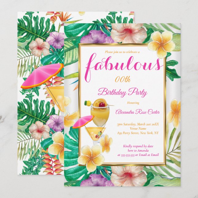 Invitation Fête Florale de Cocktail Tropical Fabuleux (Devant / Derrière)