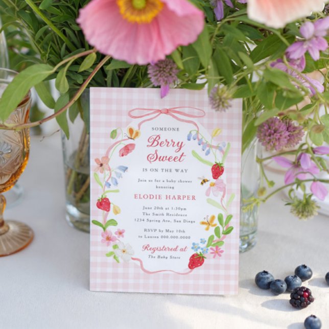 Invitation Fête Florale de Fraises Bébé Sucrée (Créateur téléchargé)