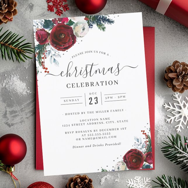 Invitation Fête Florale de Noël Rouge Argent Party (Créateur téléchargé)