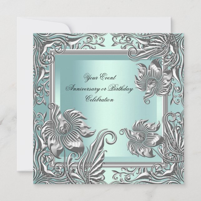 Invitation Fête Florale Élégante Bleu Menthe Argent (Devant)