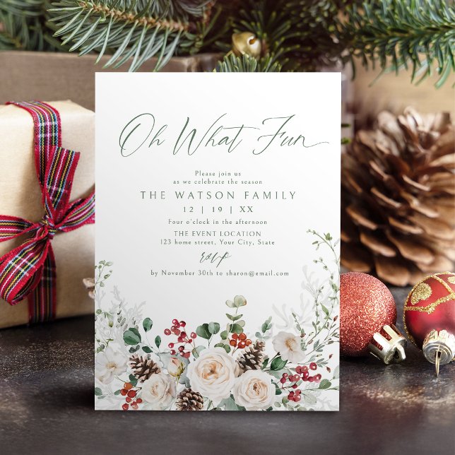 Invitation Fête Florale Élégante et Joyeuse pour les Fêtes (Elegant Festive Floral Oh What Fun Holiday Party Invitation)