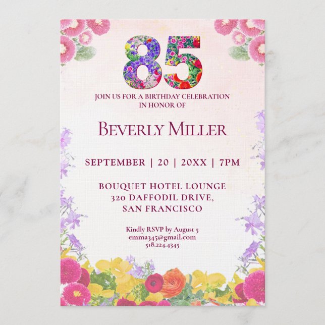 Invitation Fête florale élégante pour 85e anniversaire (Devant)