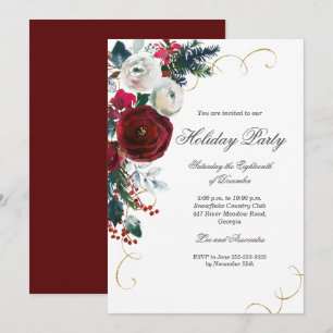 Invitation Fête florale festive tourbillon doré de Noël