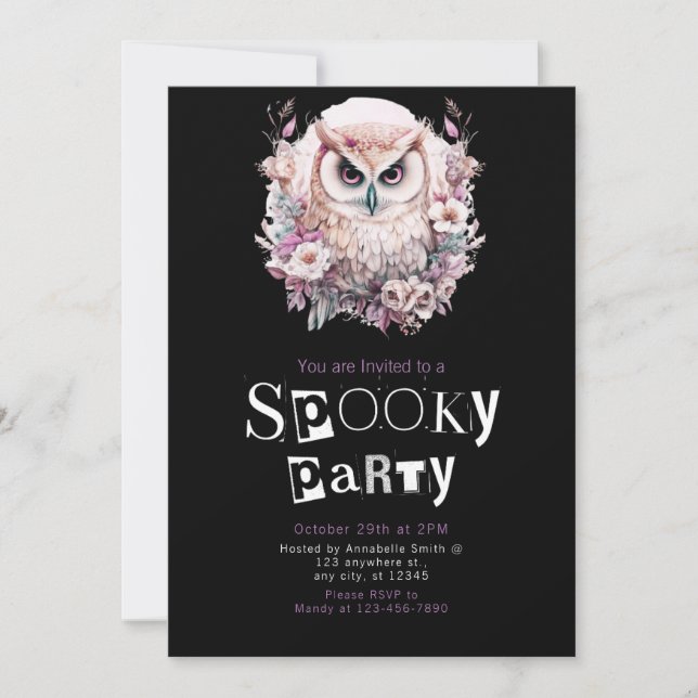 Invitation Fête florale Halloween de hibou blanc et marron (Devant)