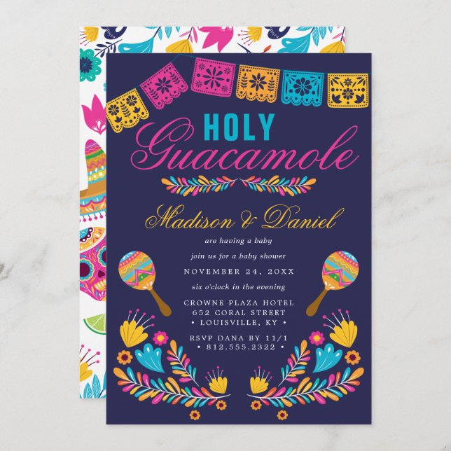 Invitation Fête Florale mexicaine Baby shower Saint-Guacamole (Devant / Derrière)