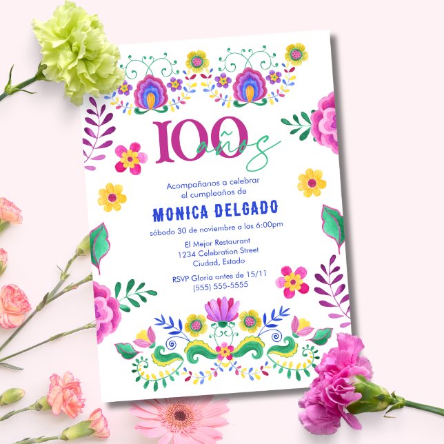 Invitation Fête Florale mexicaine espagnole 100e fête d'anniv (Créateur téléchargé)