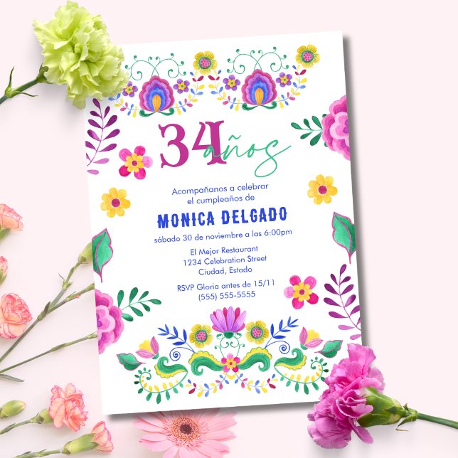 Invitation Fête Florale Mexicaine Espagnole pour les 34 ans (Créateur téléchargé)