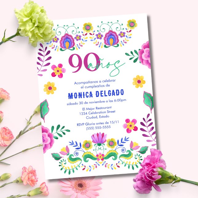Invitation Fête Florale Mexicaine Espagnole pour les 90 ans (Créateur téléchargé)