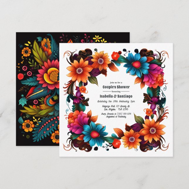 Invitation Fête Florale Mexicaine Gras pour Couple (Devant / Derrière)