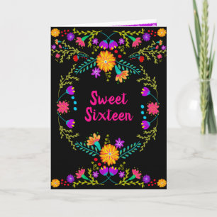 Invitation Fête Florale Mexicaine Noire et Rose Sweet 16
