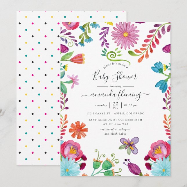 Invitation Fête Florale Mexicaine pour la Naissance d'un Bébé (Devant / Derrière)