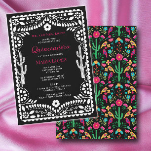 Invitation Fête Florale Mexicaine Rose Noir Quinceañera