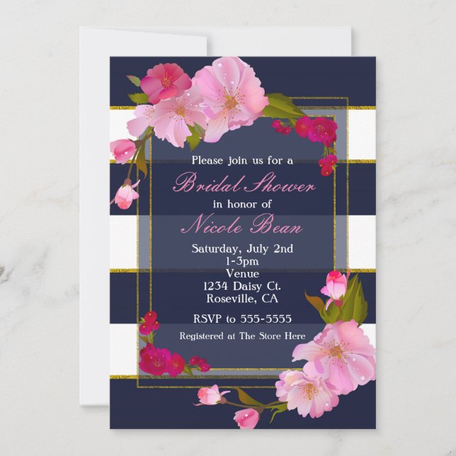 Invitation Fête Florale Moderne Chic Bleu Blanc et Or (Devant)