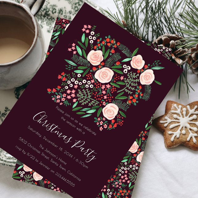Invitation Fête Florale Moderne de Noël (Modern Floral Festive Christmas Party Invitation)