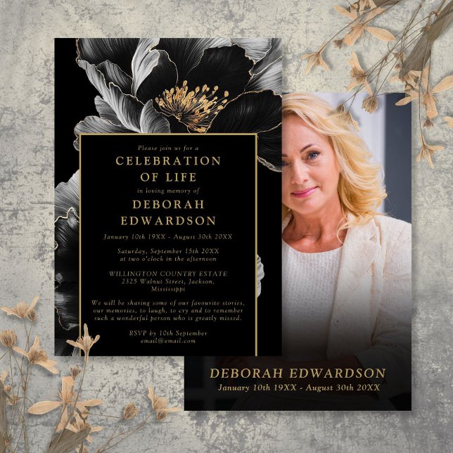 Invitation Fête Florale Noire Et Or De La Vie Photo (Black And Gold Floral Celebration Of Life Photo Invitation)