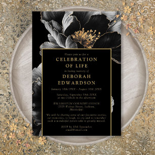 Invitation Fête Florale Noire Et Or Élégante De La Vie