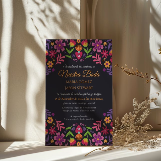 Invitation Fête Florale Noire Nuestra Boda Mariage Espagnol (Black Floral Fiesta Nuestra Boda Spanish Wedding Invitation)