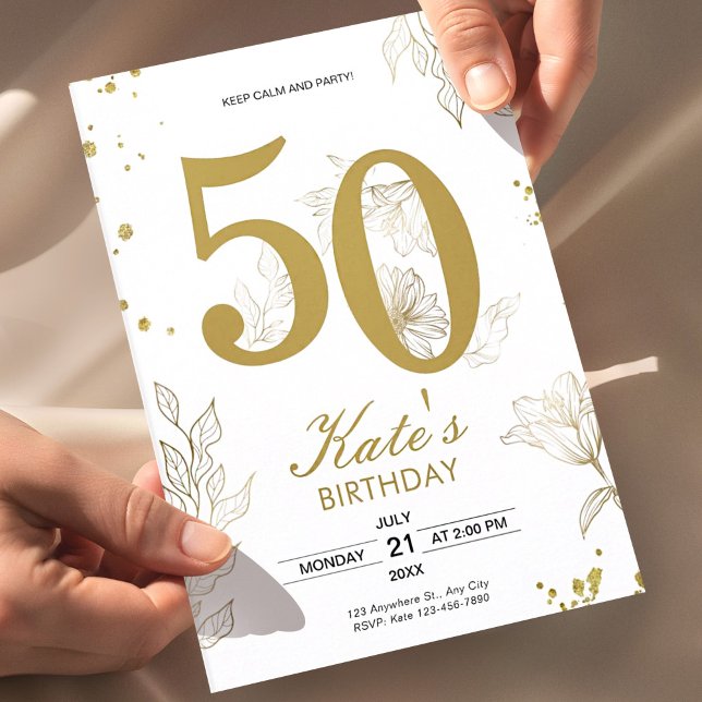 Invitation Fête Florale Or 50 Ans Anniversaire Élégant (white gold 50th birthday invitation, elegant floral birthday invite, milestone birthday invitation)