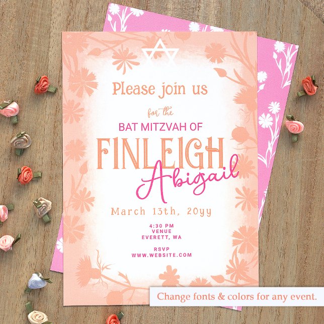 Invitation Fête florale rose et pêche (Peach, Pink Bat Mitzvah Invitation with Floral Border, Chic Wild Flower Design)
