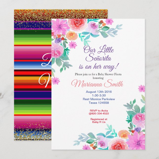 Invitation Fête Florale Señorita Fiesta Bébé Shower Fille Dor (Devant / Derrière)