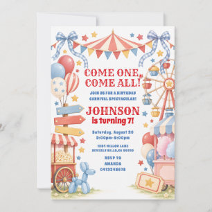 Invitation Fête Foraine d'Anniversaire Rouge Bleu Venez Tous
