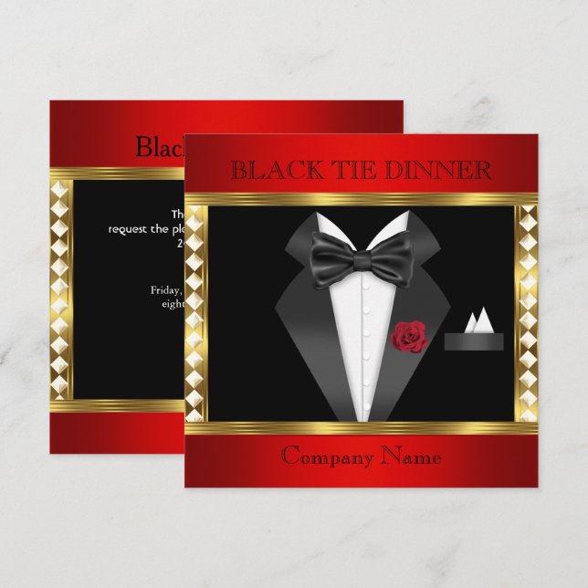 Invitation Fête formelle en smoking rouge or noir (Devant / Derrière)
