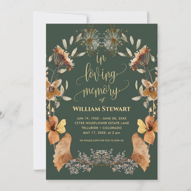 Invitation Fête funéraire moderne de la vie Boho Dark Green (Devant)