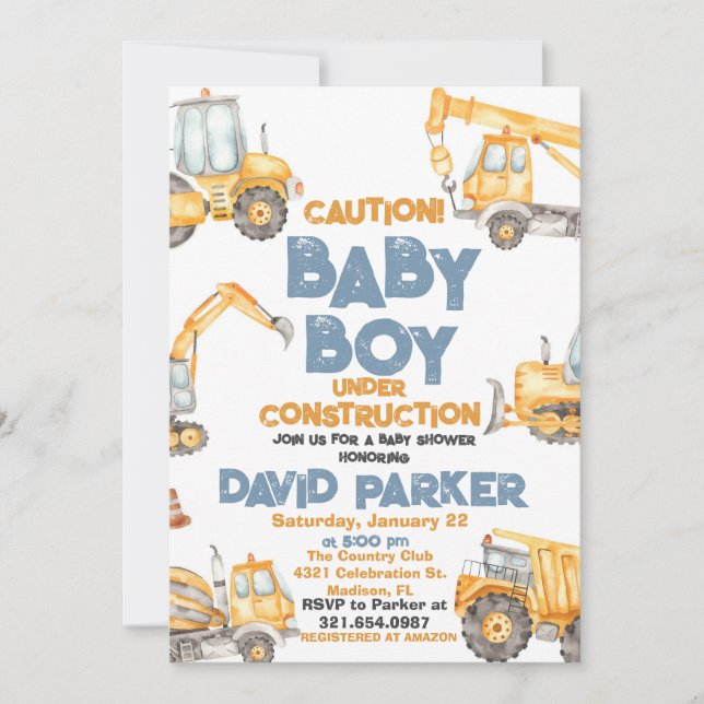 Invitation Fête Garçon Bébé Camion à benne Construction (Devant)