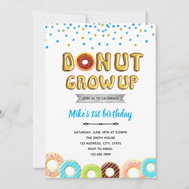 Invitation Fête garçon n'arrête pas de grandir donut  (Devant)