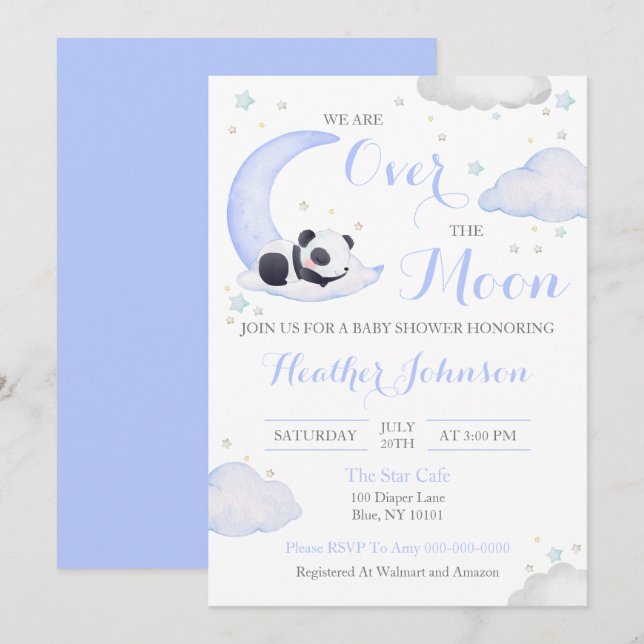 Invitation Fête Garçon Panda Bébé Au-Dessus De La Lune (Devant / Derrière)
