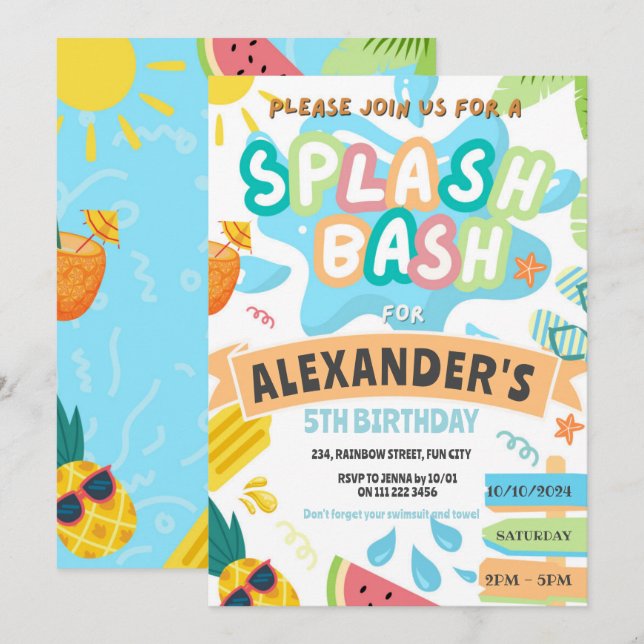 Invitation Fête garçons de la fête au bord de la piscine Summ (Devant / Derrière)