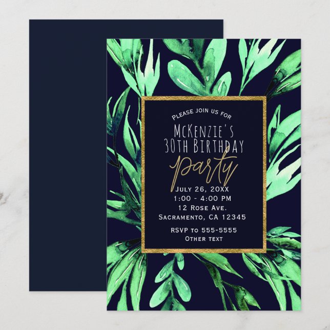 Invitation Fête Glam Botanique Aquarelle Bleu Vert (Devant / Derrière)