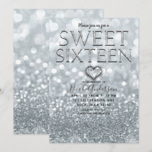 Invitation Fête Glamour Bokeh Paillettes Argentées Douce 16 A