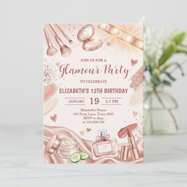 Invitation Fête Glamour Paillettes Luxe Fille Maquillage Anni (Debout devant)