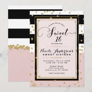 Invitation Fête Glamour Rose Pâle Noir Blanc & Or SWEET 16
