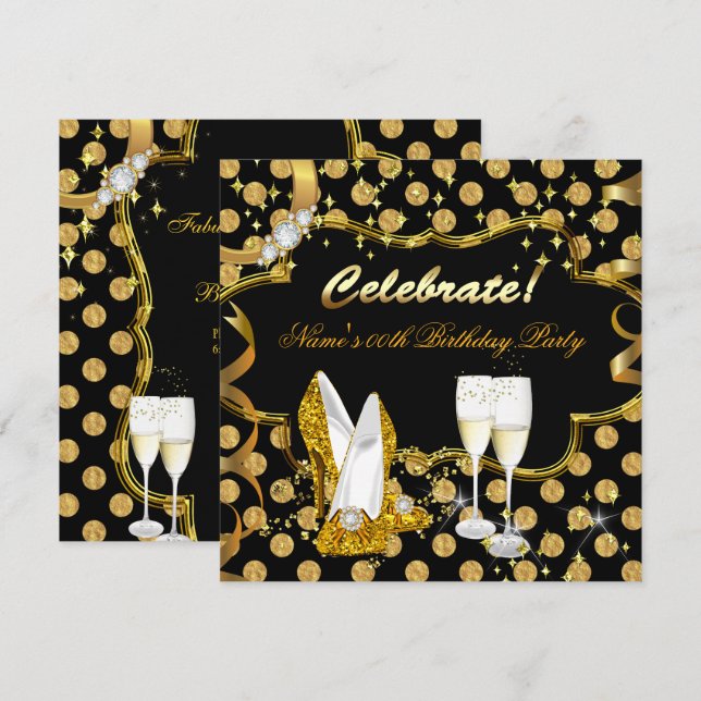 Invitation Fête Gold Faux Foil Polka Dot High Heel Party (Devant / Derrière)