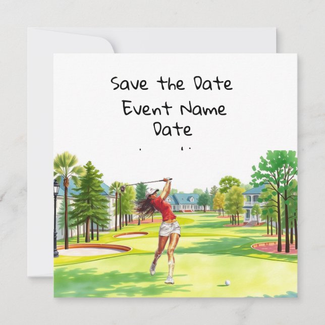 Invitation Fête Golf Save the Date pour femme golfeuse  (Devant)