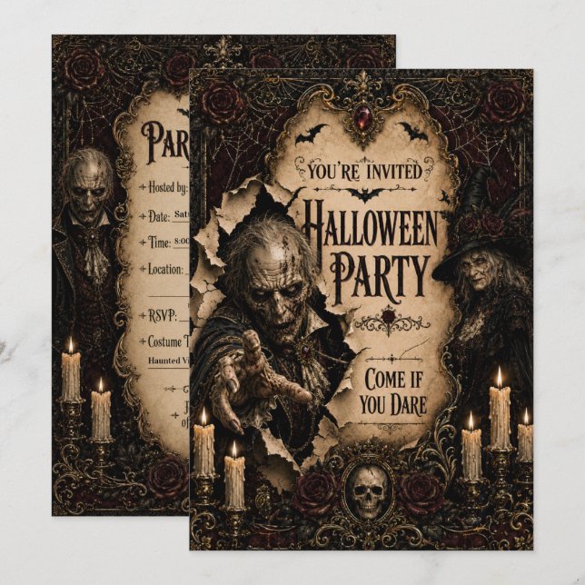 Invitation Fête gothique d'Halloween I avec une sorcière effr (Devant / Derrière)