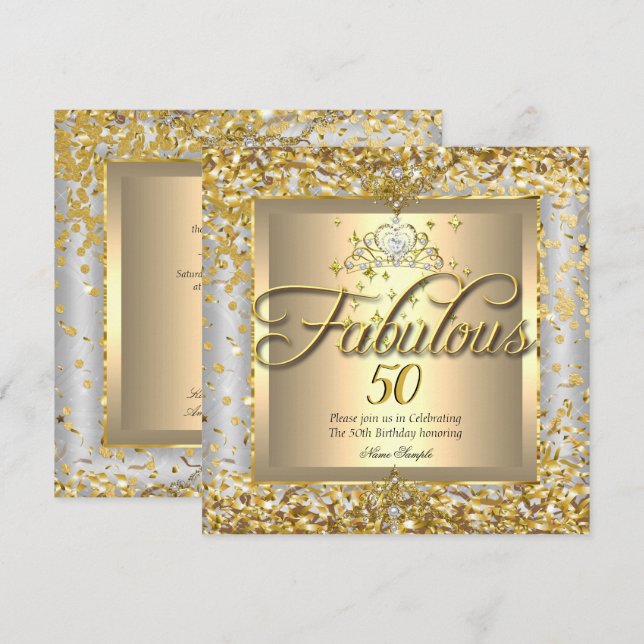 Invitation Fête Grise Argent Or 50 ans Incroyable (Devant / Derrière)